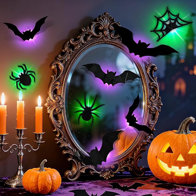 36 Pcs Halloween Bat Wall Decor with LED Lights, 3D Glowing Bat Stickers, Wall Decorations Indoor/Outdoor, LED Halloween Lights Stickers (36 Pcs Spider)