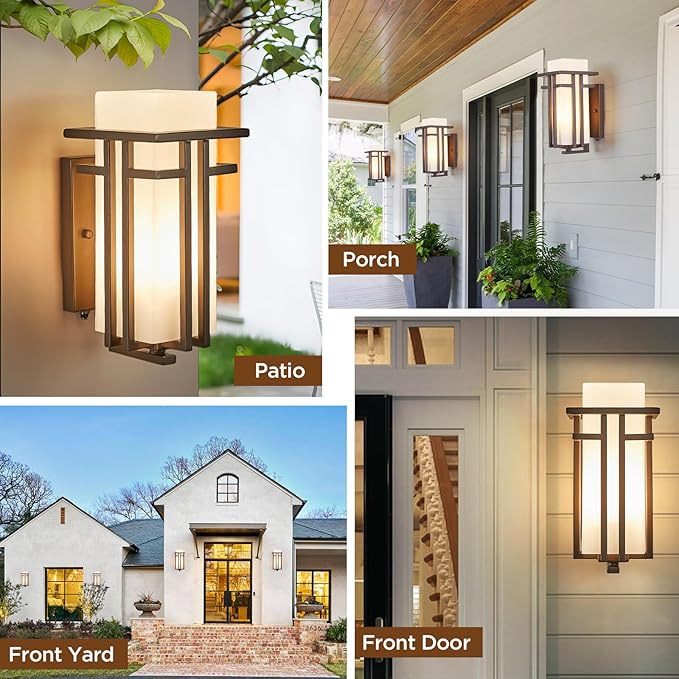 Oil Rubbed Bronze Porch Light Dusk to Dawn Outdoor Sconce Matte Brown Wall Lantern with Frosted Glass Outside House Lighting Waterproof Exterior Light Fixture for Patio Yards Garage Front Door