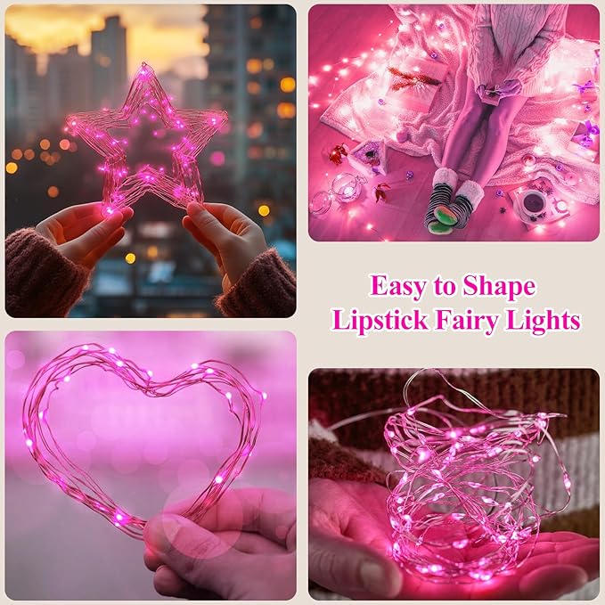 Lakumu Rechargeable String Lights Battery Operated, Battery Powered Copper Wire Fairy Lights with Timer, Mini LED Twinkle Lights for Bedroom, Christmas, Wedding, Centerpiece Table Decor (5M/16FT Pink)