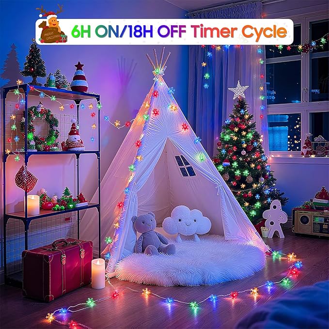 Christmas Lights Indoor Multicolor, 20FT 40 LED Colored Snowflake String Lights Battery Operated, Rechargeable Fairy Lights with 8 Modes & Timer for Bedroom Party Home Xmas Tree Decorations Multicolor