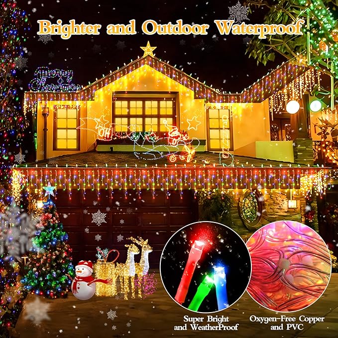 98FT 960 LED Christmas Lights, Waterproof 8 Modes Ice Lights for Outside with Memory and Timer Hanging Fairy Lights Plug-in Curtain String Lights for Holiday Party Wedding Home (Multicolor)