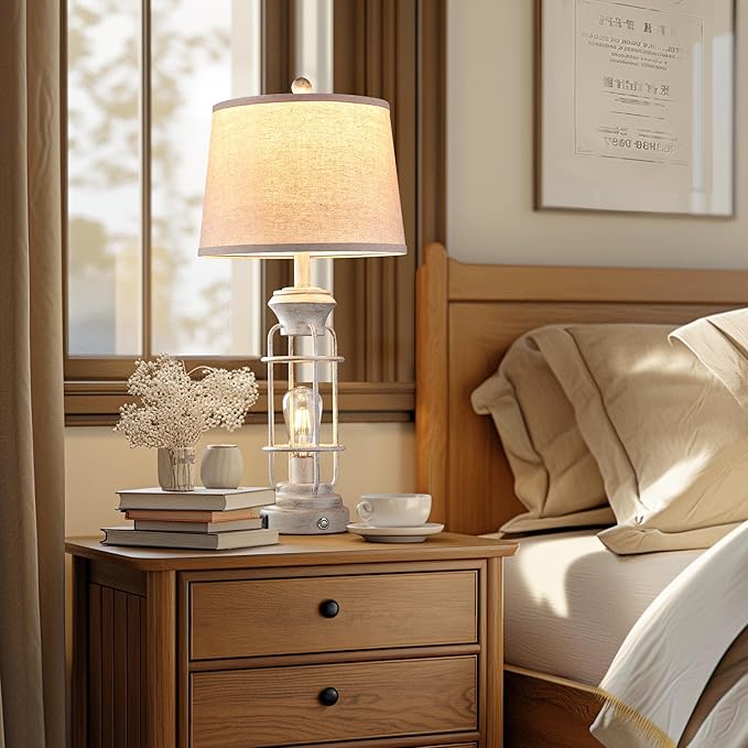 28" Farmhouse Table Lamp Set of 2 with USB Charging Ports, Tall Table Lamp for Living Room,3-Way Dimmable Lamps for Bedroom, Rustic Bedside Lamp, Industrial Nightstand Lamps,Bulbs Included