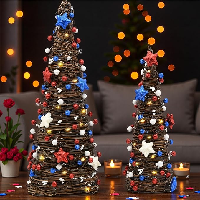 CRCZK 250 Anniversary USA Table Rattan Trees with LEDs, 4th of July Independence Day Table Centerpiece,Rustic Farmhouse Memorial Day Decorations 2PACK Red White Blue Patriotic Decorations