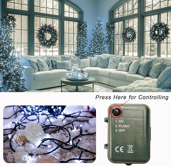 Cool White String Lights Battery Powered, 2 Pack Total 66.6 FT 200 LED Christmas String Lights Indoor Outdoor Decoration, Twinkle Fairy Light for Party Xmas Tree Decor