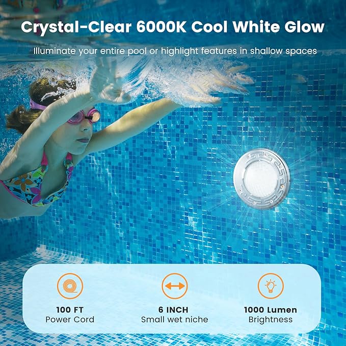 SURAIELEC 6 Inch Small LED Spa Light for Inground Pool, 120V AC 10W Underwater Pool Light, Cool White 6000K, Fits Pentair and Hayward Wet Niches, IP68 Waterproof, 100 FT Cord