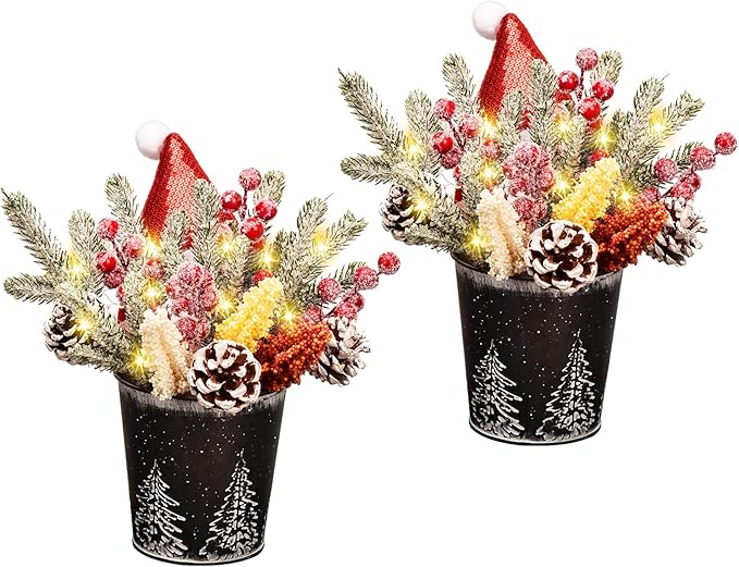 KC&KST 2PC Christmas Centerpieces for Tables with LED Lights - Tabletop Artificial Floral Arrangement Decorations, Pine Cones and Berries, Xmas Small Potted Holiday Table Decor(Small Christmas Tree)