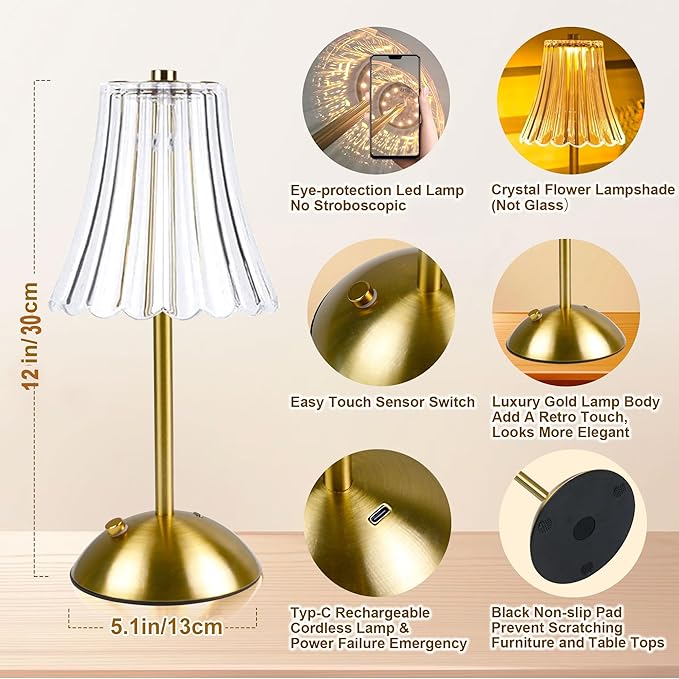 Cordless Table Lamps for Bedroom,Gold Cordless Battery Operated Table Lamp Rechargeable Decorative Bedside Dimmable Nightstand Lamp Small Touch Crystal Table Lamp,3 Color LED Lamp 2600mAh (Vintage)