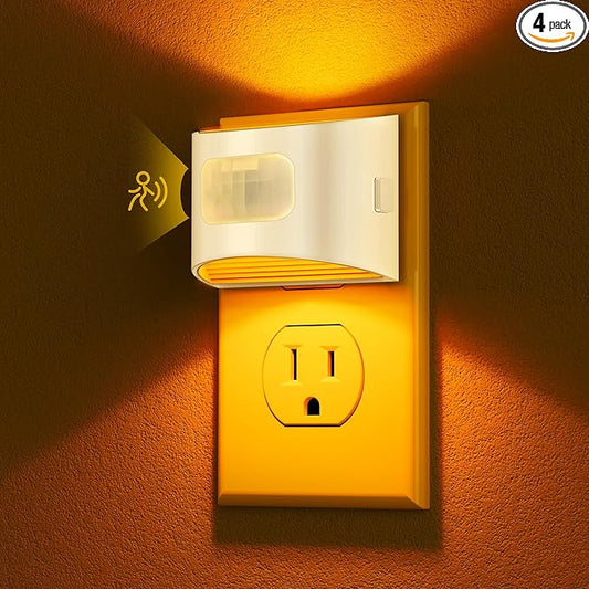 DORESshop LED Night Light[4 Pack], Night Lights Plug into Wall, Dimmable Plug in Night Light with Motion Sensor, Dusk to Dawn Sensor, Nightlights for Adults, Bedroom, Bathroom, Amber, White Cover