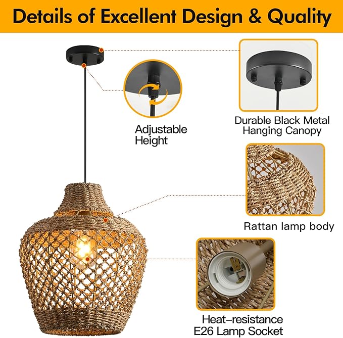 2-Pack Rattan Pendant Light,Bohemian 11.81” Wicker Chandelier,Hand Woven Hanging Seagrass Chandeliers Fixture, for Farmhouse Kitchen Island Boho Dining Living