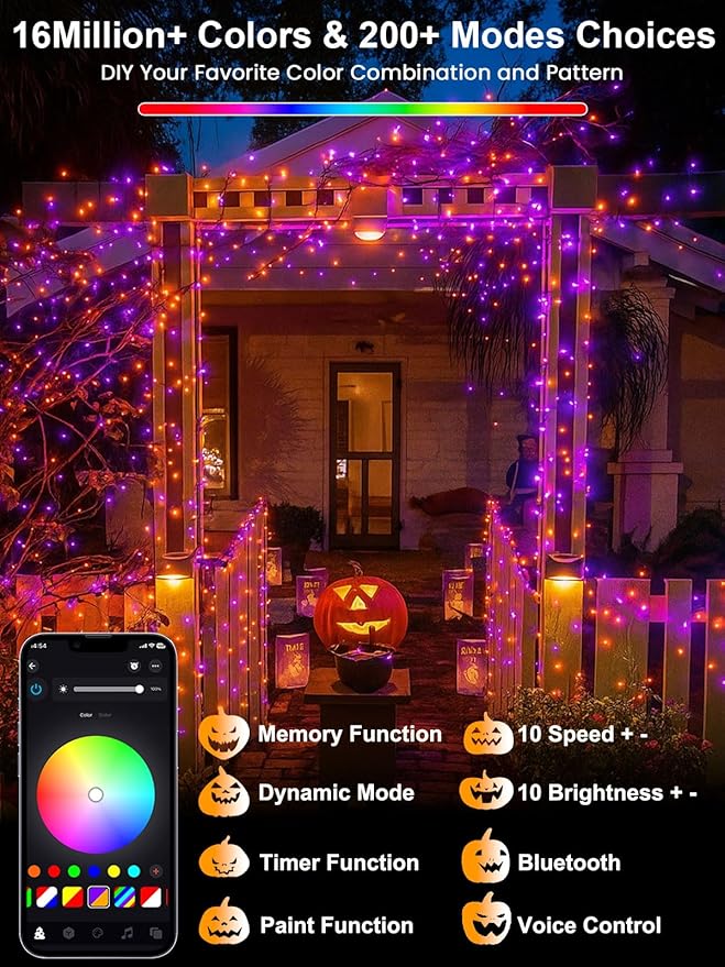Smart LED Halloween String Lights with Remote & App 132FT 400LED, Waterproof RGB Dimmable Clear Wire Christmas Lights, Color Changing Christmas Tree Light Outdoor Indoor with Timer for Halloween Decor