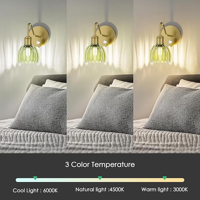 2 Pack Battery Powered Wall Sconce with Green Tulip Glass Lampshade, Rechargeable Dimmable LED Wall Sconce for Living Room, Hallway, Bedroom, Dining Room