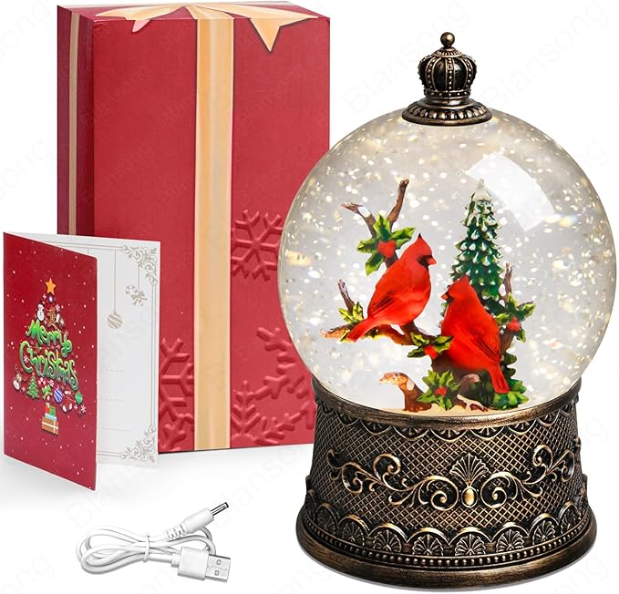 Cardinal Snow Globes Christmas Decorations Auto Snowfall Glitter Music Collection Tree with 6H Timer USB/Battery Powered 105mm Globe