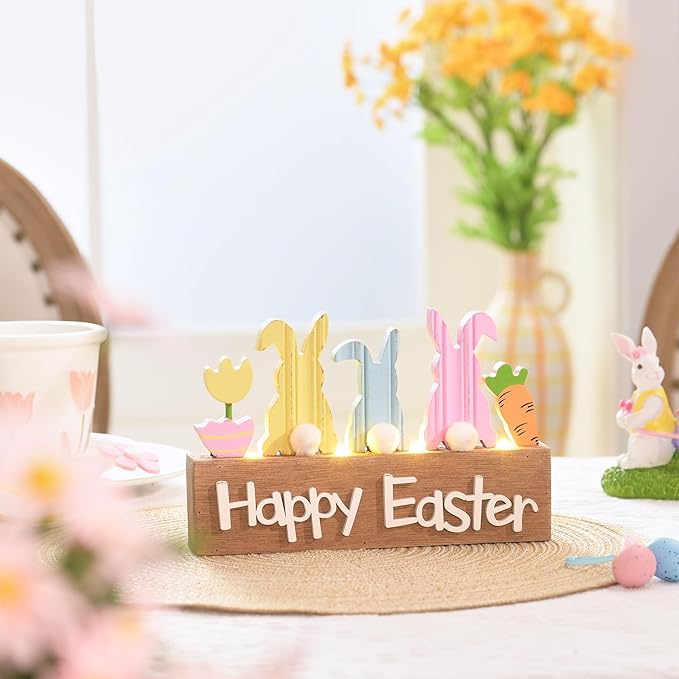 Valery Madelyn Easter Decorations, Wooden Easter Decor for Table with LED Lights, Lighted Bunny Decorations for the Home Decor Shelf Tiered Tray Living Room, 12 Inch, Pink Blue