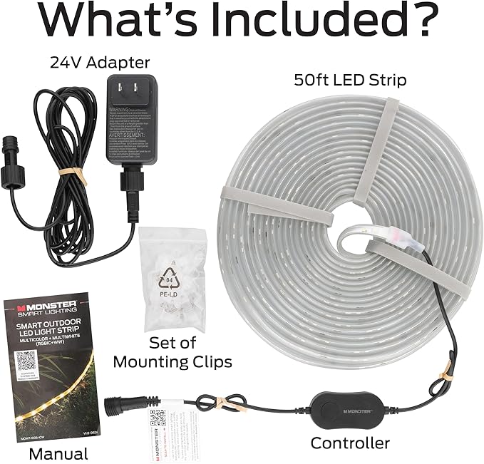 Monster Smart 50 Foot RGB+IC+WW Outdoor LED Light Strip, Sound Reactive, Dimmable, Multicolored & Multi-White, IP44 Waterproof, Weather Resistant, App Control, Compatible with Alexa, Google Home, Siri
