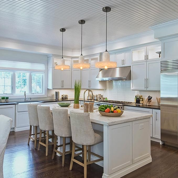 Alabaster Pendant Light for Kitchen Island, H-9.5in Modern Black Hanging Light Fixture with Natural Alabaster Stone Shade, Adjustable Pendant Lighting Over Sink, Dining, Bar, Counter - 3 Pack