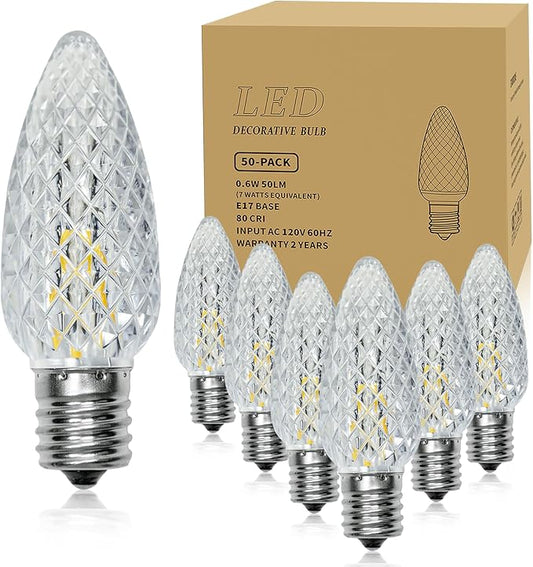 50 Pack C9 LED Christmas Light Bulbs, Shatterproof & Waterproof C9 LED Replacement Bulbs, 2700K Warm White Holiday Decor for Indoor & Outdoor Use, E17 Base