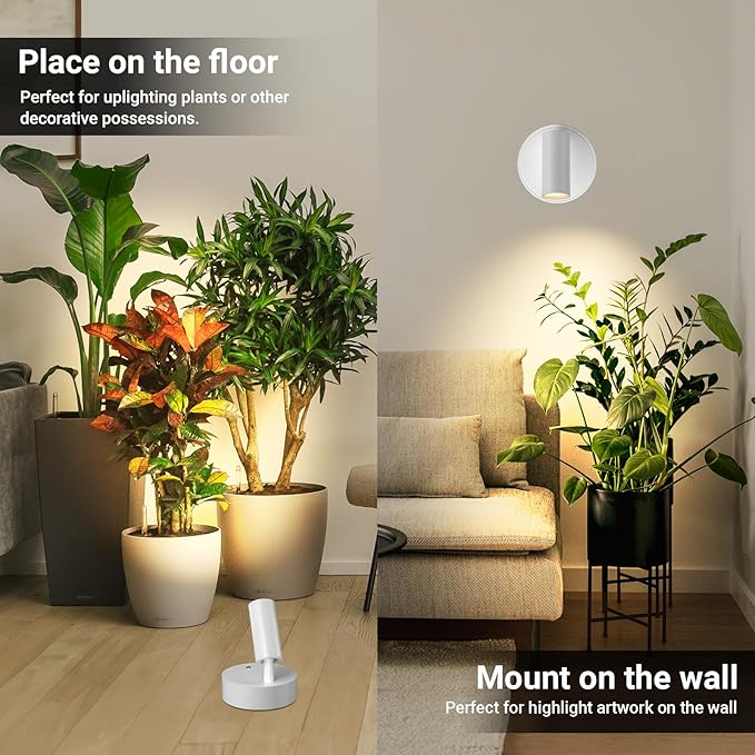 Wireless Led Spotlight Indoor, Plant Spotlight Indoor with Remote Dimmable, 350° Rotate, Rechargeable Uplighting Battery Powered Ceiling Light for Artwork Painting Plant Picture Lights-White