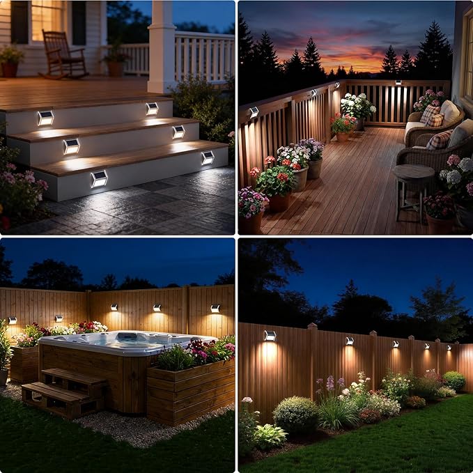 JSOT Outdoor Fence Lights,12 Pack Solar Powered Deck Lights Waterproof Stairs Light Stainless Steel Security Wall Lamps for Step Walkway Patio Garden Pathway - Cool White