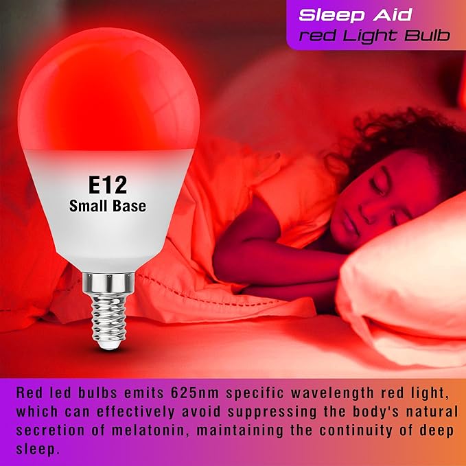 E12 Candelabra Small Base Red Light Bulbs for Sleep 25w-40w Equivalent, 625nm Red Night Light 3W 300LM, E12 G45 Blue Light Blocking for Bedroom Porch Christmas Holiday Festival, Non-Dimmable, 4 Pack