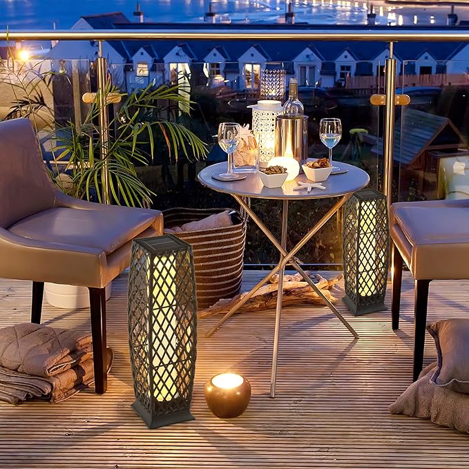 Tangkula 2 Pieces Outdoor Solar Powered Floor Lamps, IP65 Waterproof Wicker Floor Lamps with Auto On/Off LED Light, Outdoor Decor Lanterns for Garden Porch Pool Pathway Driveway (Diamond-Black)