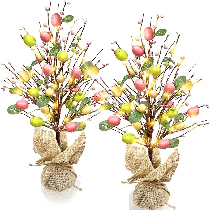 Vanthylit Easter Decorations, 2 Pack Easter Tree with Eggs Artificial Battery Powered Tabletop Centerpiece Lighted Artificial Tree for Holiday Party Spring Home Decor