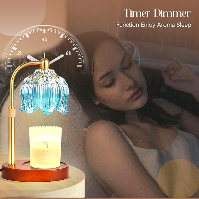 Adjustable Flower Candle Warmer Lamp with Timer, Lotus Tulip Glass Warmer Light for Jar Candles, Electric Wax Warming Melter, Gifts for Women Mom, Vintage Bedroom Decor (Blue)