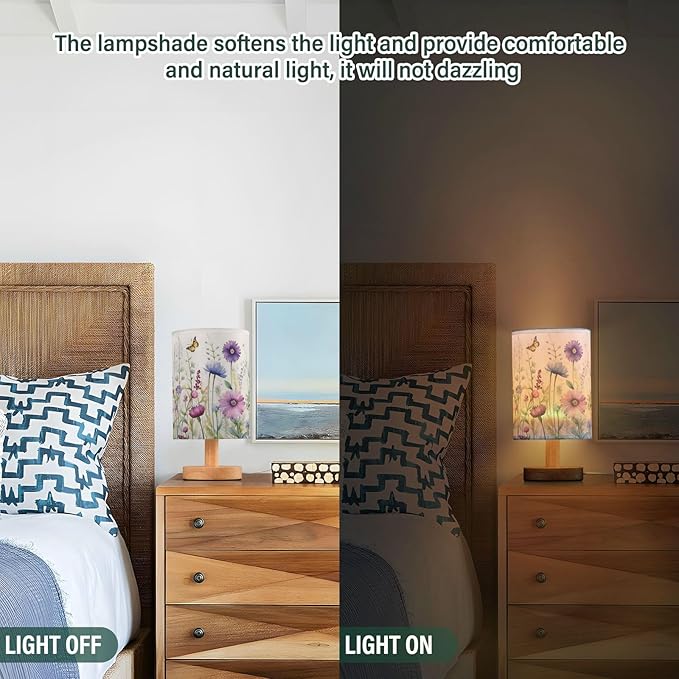 Kigai Wild Flowers Bedside Table Lamp,Nightstand Lamp with USB Ports Bedside Lamp for Living Room Bedroom Home Office
