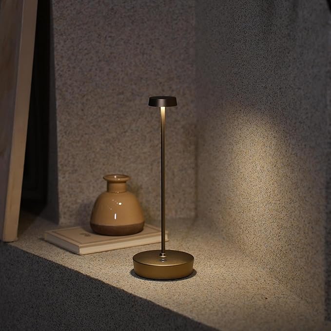 Cordless LED Table Lamp，Rechargeable Battery Desk Lamps, 3 Color Stepless Dimmable Metal Battery Table Lamps, Portable Table Light for Indoor/Outdoor/Restaurants/Bedroom/Bar