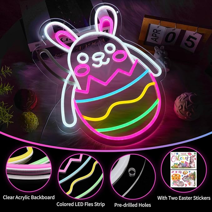 Easter Neon Sign for Wall Decor with Sticker, Waving Bunny Neon Lights, Dimmable LED Easter Rabbit Egg Window Decoration, Light Up Lamp Gift for Bedroom, Bar, Gameroom Decor, Wedding Birthday Party