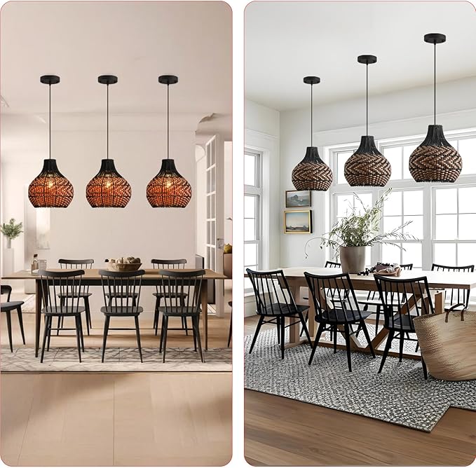 3-Pack Rattan Pendant Light,11" Hand-Woven Black Brown Faux Rattan Hanging Light Boho Wicker Basket Chandelier,for Living Room Bedroom Kitchen Dining Farmhouse