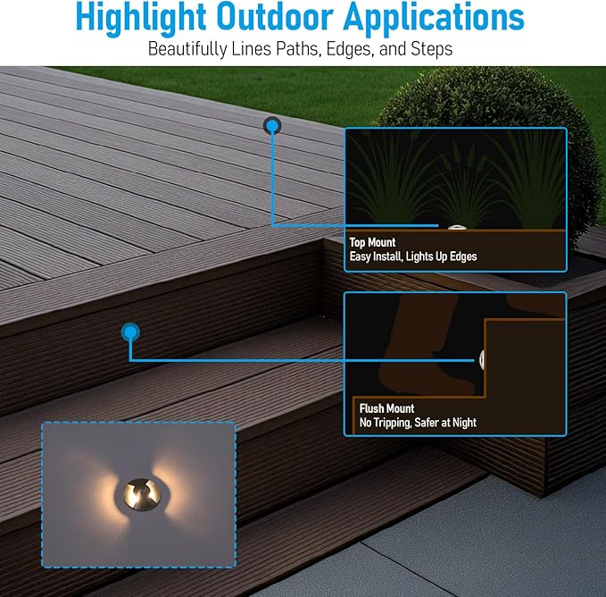 LEONLITE 24-Pack Low Voltage Recessed LED Deck Light, IP67 Waterproof, 12-24V AC/DC, Dual Beam 102° Butterfly Glow, 1W 3000K 1.3 Inch Mini Flush Mount, Stainless Steel for Pathway Step Deck Driveway