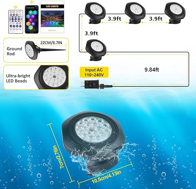 T-SUN Pond Lights LED Underwater 16M Colors with App and Remote, Submersible Fountain Light with Timer and Dimmable, Music Sync, Outdoor Spotlights for Koi Pond, Garden, Yard