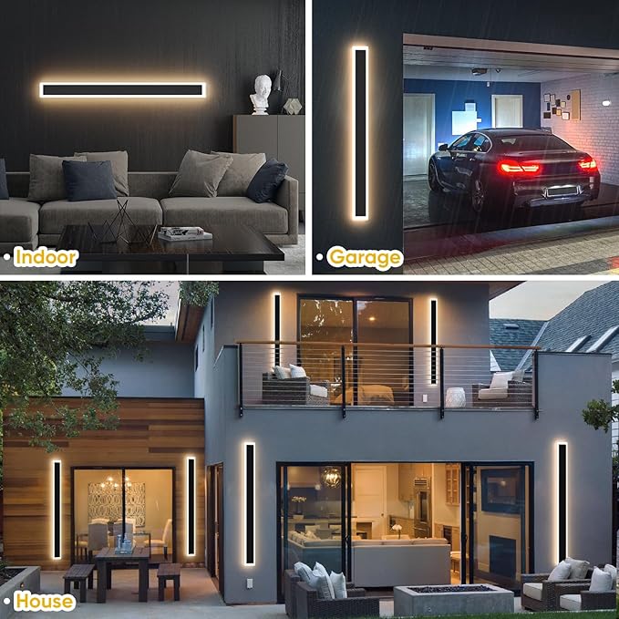 2-Pack 39.4inch LED Outdoor Wall Lights, Modern Exterior Wall Lights LED Long Wall Sconce Light Fixture, IP65 Waterproof Black Outside Lights for House Garage Front Door (3000k)