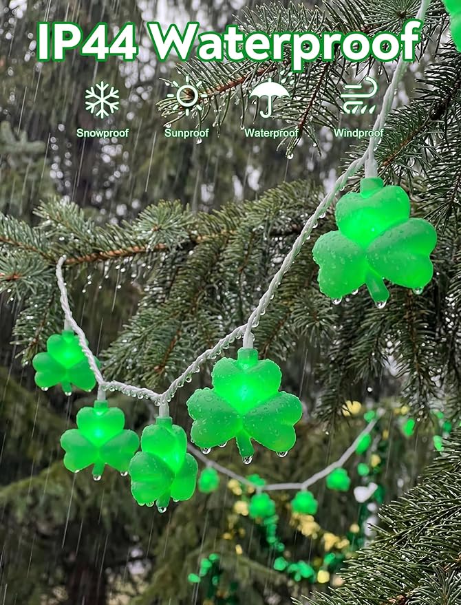 Outdoor Shamrock String Lights, 8.5Ft Saint Patricks Day Decorations with 10 Clover Lights, Plug in Shamrocks Green Lights for Party Bar Home Garden Decor,White Wire