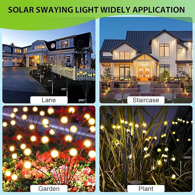 2 Pack Solar Garden Lights, 16 LED Waterproof Outdoor, Firefly Lights for Yard Patio Pathway Landscape Decoration, Sway by Wind, No Wiring, Warm White