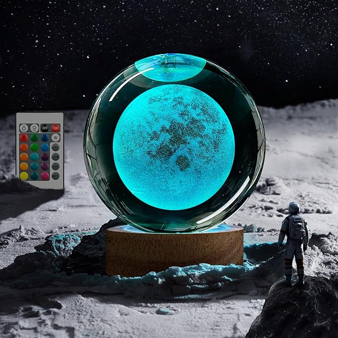 3D Moon Crystal Ball Night Light 3.15 inch Moon Galaxy Glass Ball Lamp with 16 Color Changing and Remote Moon Planet Home Decor Gifts Ideal for Friends Kids Christmas Birthday