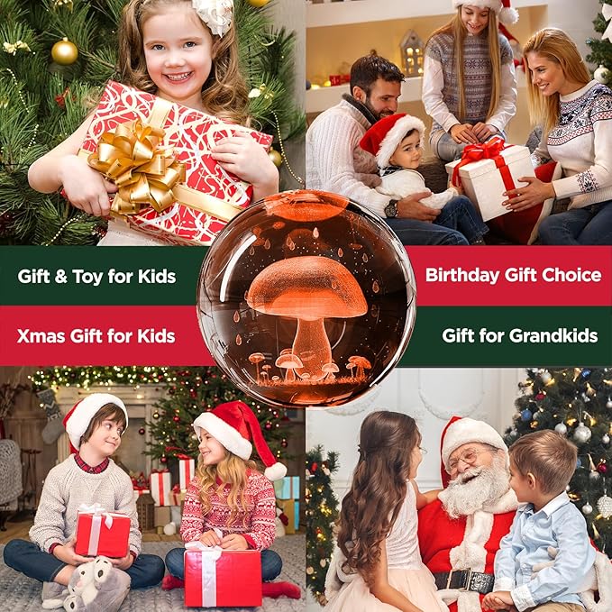 3D Crystal Ball Night Light with Remote - Upgraded 3.15 in Mushroom Glass Ball Lamp with 16 Color Wooden LED Base Cute Room Table Lamp Decor Gifts for Kids, Teens, Women