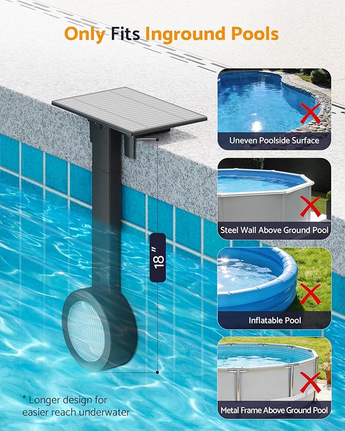 Solar Pool Lights for Inground Pools with Remote, 18in 5W LED RGB Underwater Swimming Pool Light Fixture, 7 Colors 2 Modes Dimmable, IP68 Waterproof, Dusk Auto On & Timer Off, Black