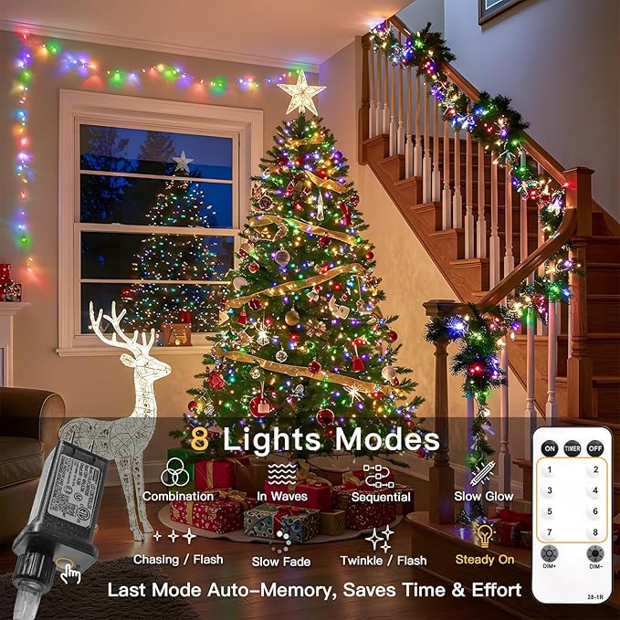 suddus Connectable Christmas Lights with Remote, Multicolor String Lights with Timer, 66ft 200 Led Fairy Lights Plug in for Xmas Tree, Bedroom, Dorm, Yard, Garden, Party, Indoor, Outdoor Decorations