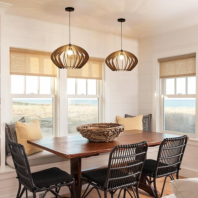 Vintage Wood Pendant Light Fixtures, Modern Farmhouse Walnut Lantern-Shape Dining Room Chandelier, Mid-Century Ceiling Mount Hanging Light Fixture for Kitchen Decor, Black