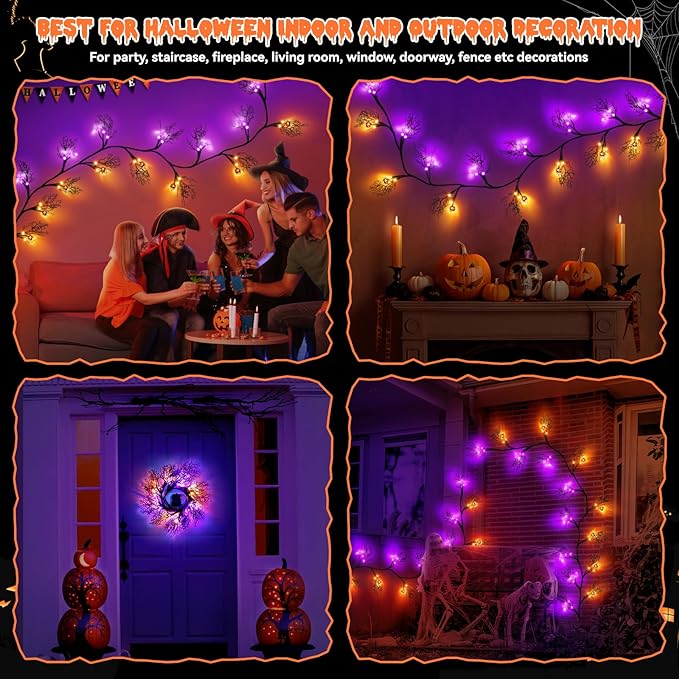 6 FT 54 LED Halloween Lights, 8 Modes & Timer Battery Operated Halloween Pumpkins Bats Lights with Willow Vine Twig Garland, 3D Waterproof Decorations Lights for Indoor Wall Party Fireplace Mantle