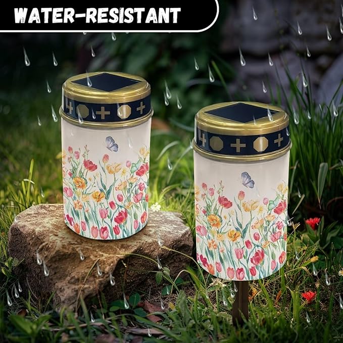 Cemetery Solar Lights Waterproof Solar Powered Grave Lights Butterfly Tulip Landscape LED Flameless Candle Grave Decor Memorial Gift Garden Decor