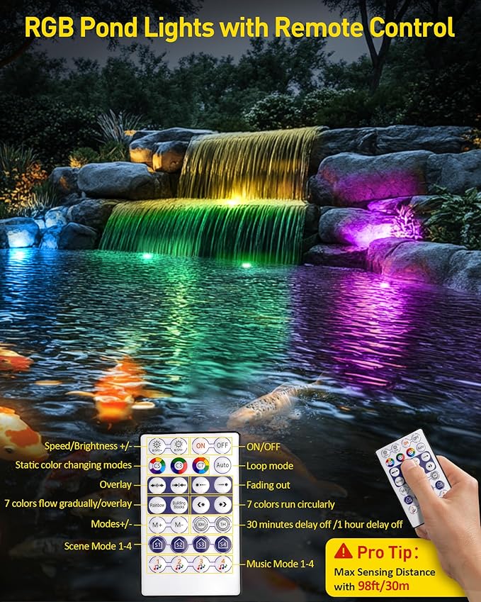 T-SUN Colored Pond Lights with APP and Remote Control – Bright LED Underwater Light Submersible Fountain Lights, IP68 Waterproof Landscape Lighting for Garden Koi Ponds Aquarium (Set of 5)