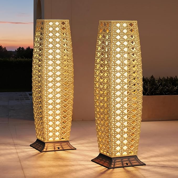 Grand patio 2-Piece Outdoor Floor Lamp Solar Lantern, Water-Resistant Wicker Boho Patio Light with 50/100 Lumens Dual Brightness & Memory Mode for Garden Porch Deck Decor, Large Diamond Natural