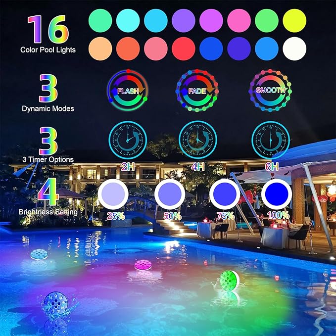 2 Pack Rechargeable Pool Lights for Above Ground Pools, 16 Colors Floating Pool Lights with RF Remote, Submersible led Lights Shower Lamps Decoration Spa, Fountain, Bath, Party