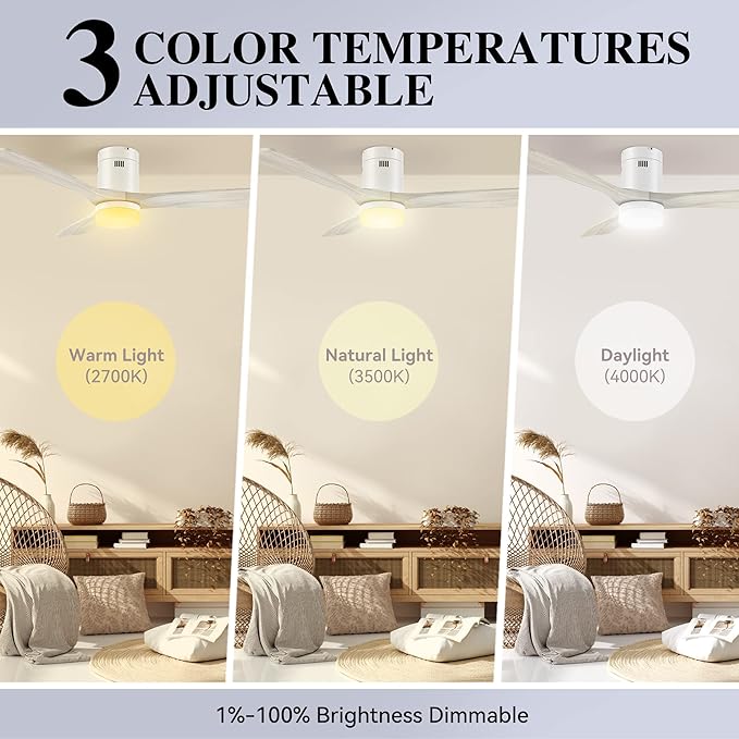SMAAIR 52 Inch Flush Mount Smart Ceiling Fan with Dimmable Led Light, 3 Carved Wood Blades Modern Low Profile Ceiling Fans Compatible with Alexa,Remote Control,Timer & Schedule Function,White