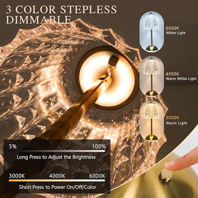 2 Pack Touch Cordless Table Lamp Rechargeable, 3600mAh Battery Operated Small Crystal Lamp, 3 Color Dimmable Vintage Gold Table Light for Bedroom/Kitchen/Gift for Home Décor (Vintage)