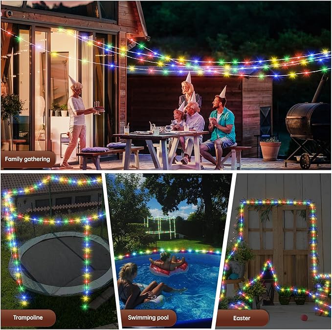 4 + 55.7ft Solar LED Pool Lights for Above Ground Pools – Waterproof 200 LEDs with Remote, 8 Color Modes – Outdoor String Lights for Frame Pools, Trampoline & Above Ground Pool Accessories
