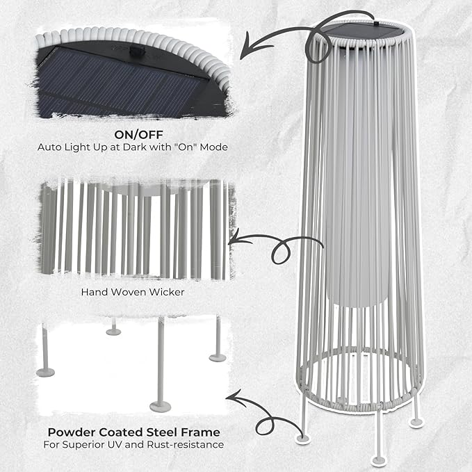 Grand patio Outdoor Floor Solar Light 2-Pack, Wicker Solar Patio Lamp Waterproof Outside Deck Lamp for Porch, Yard, Garden, Lawn Decorations - White, Gordes 2 PCS