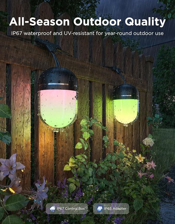 Govee Outdoor Chromatic String Lights, 32.8ft RGBIC Outdoor Lights with 55 Uni-IC Control LED Bulbs, 111+ Scene Modes, IP67 Waterproof, String lights compatible with Alexa, Google, Matter, App Control